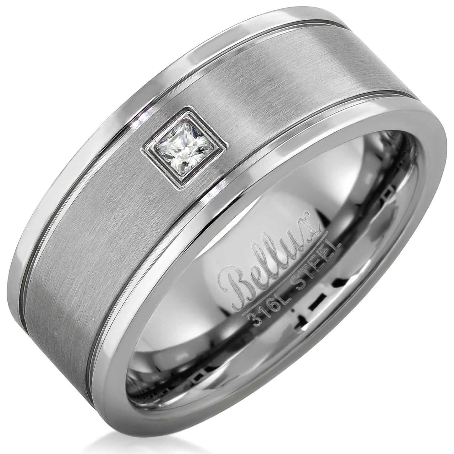 Stainless Steel 8mm Mens Square CZ Wedding Bands